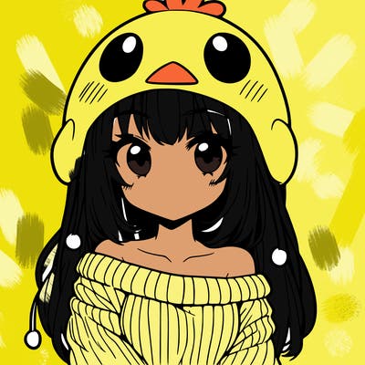 anime girl with chick shaped hat with sweater with bare shoulders with bangs covering them one eye with low tail