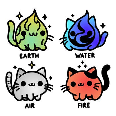 4 cats that represent the different elements, earth, water, air, and fire