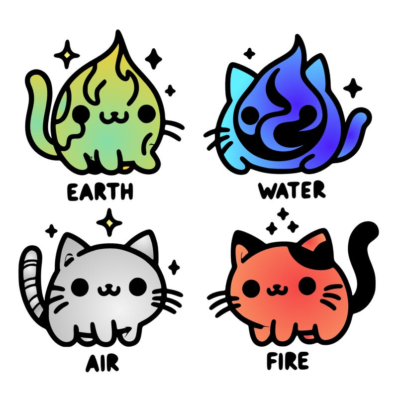 4 cats that represent the different elements, earth, water, air, and fire