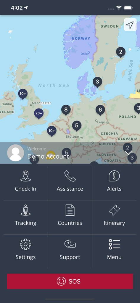 Solace Secure - Solace Secure mobile app dashboard showing a map with risk alerts and emergency SOS button