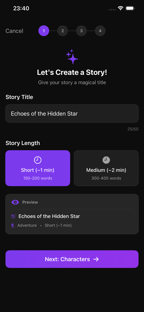 Interface of Little Story Maker showing options to enter a story title and choose story length in dark mode.