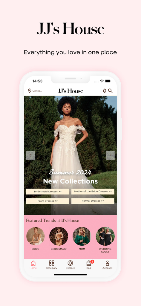 Pantalla de inicio de la app móvil de JJ's House con colecciones de Verano 2024 y categorías de vestidos de gala.