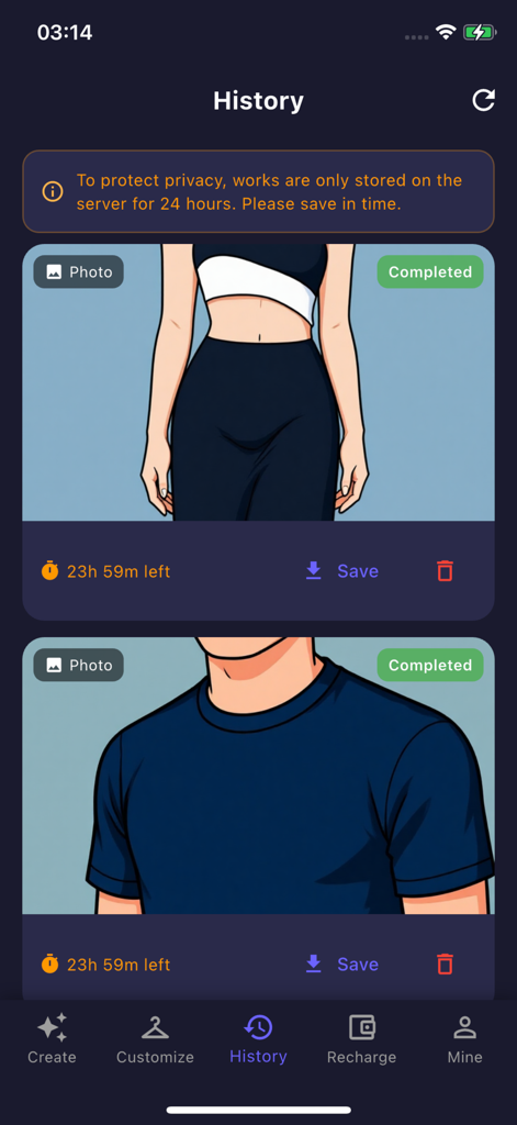 VivideoAI - VivideoAI App-Oberfläche für die Erstellungsverlauf zeigt abgeschlossene KI-virtuelle Anprobe-Bilder mit Speicher- und Löschoptionen