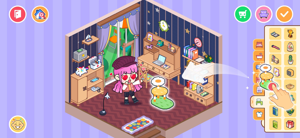 家具選択メニューを備えたカスタムデザインの部屋にいる、ハートの目のキャラクター