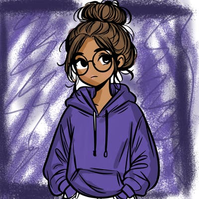 teen girl with a messy bun and glasses wearing a loose hoodie and jeans