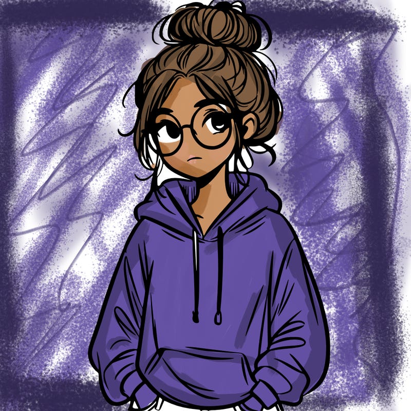 teen girl with a messy bun and glasses wearing a loose hoodie and jeans