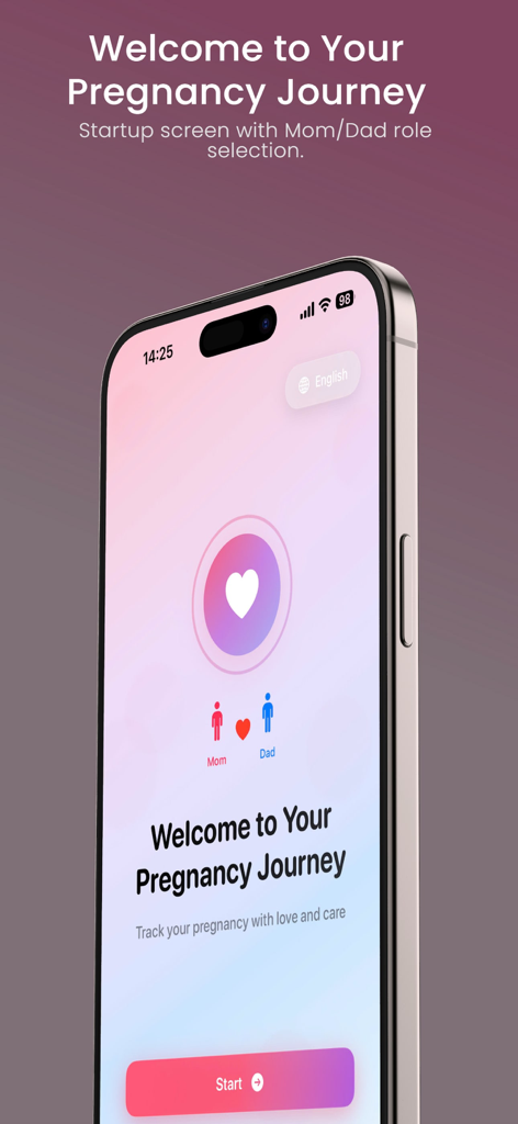 MaMaTrack: Mom's Journey - Pantalla de bienvenida de la aplicación MaMaTrack que muestra la selección de roles para Mamá y Papá