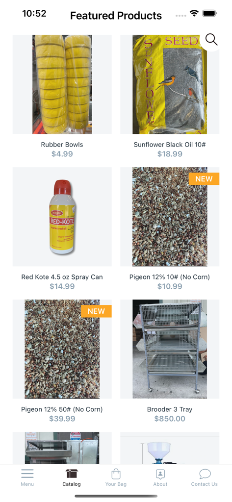 TGT Feed & Farm - Featured products catalog in the TGT Feed and Farm app showing poultry feed and farm supplies