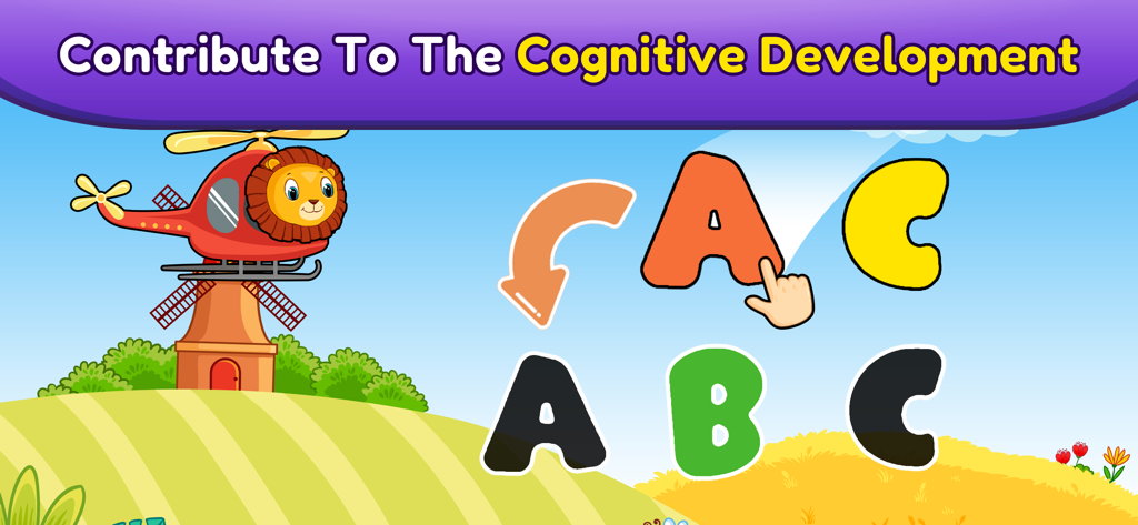 Balloon Pop Toddler Baby Game - A colorful toddler game screen showing alphabet matching with a lion in a helicopter and the text Contribute to the Cognitive Development
