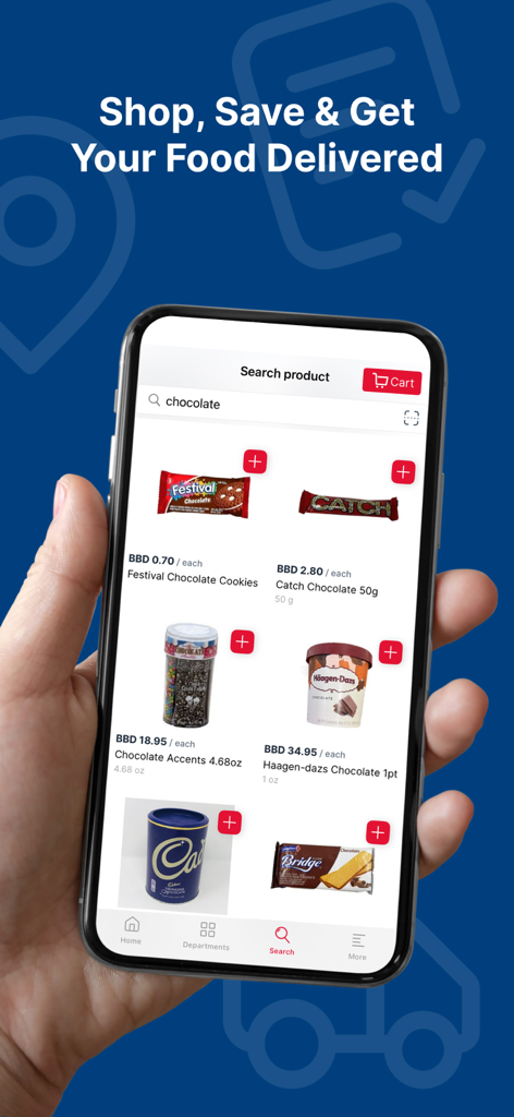 iMart Stores - Hand holding a smartphone displaying chocolate product search results on the iMart Stores delivery app screen.