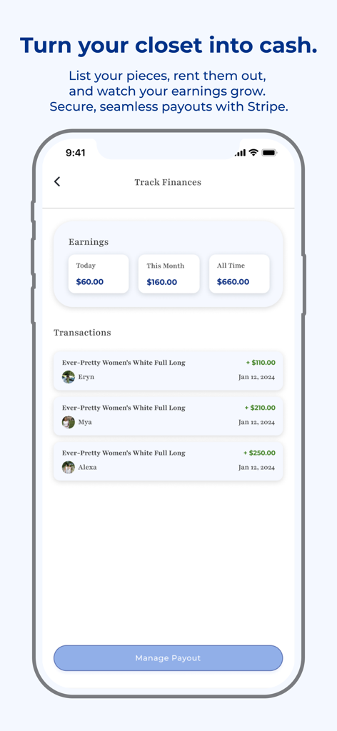 E Closet mobile app screen showing earnings tracking and recent clothing rental transactions