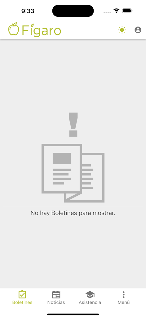 Figaro school management app report cards screen with no items to display