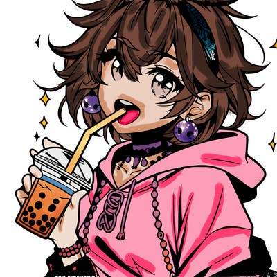hot baddie anime girl drinking boba and biting the straw