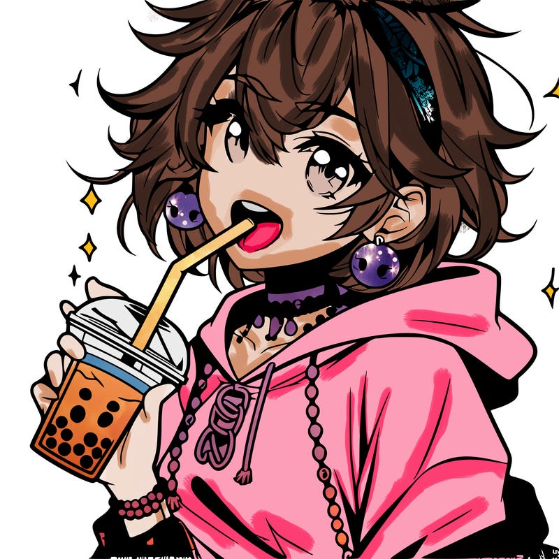 hot baddie anime girl drinking boba and biting the straw