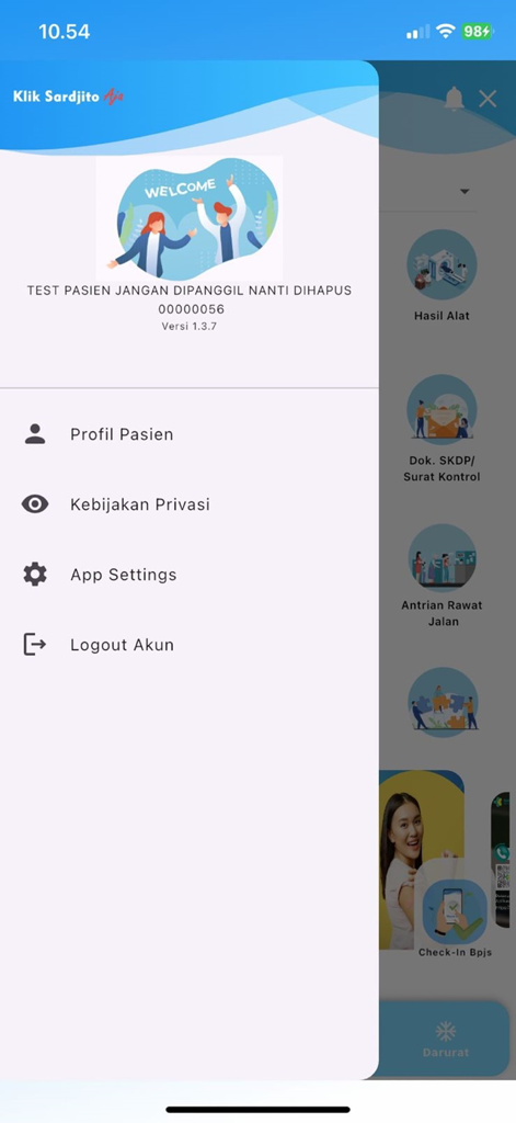 Side menu of the Klik Sardjito Aja app with patient profile and settings options