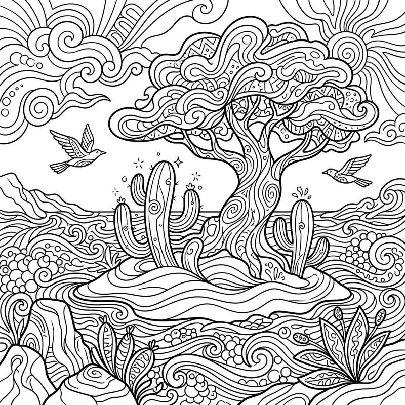 Embark on a vibrant journey with this intricate psychedelic desert island coloring page, perfect for adults and teens seeking a unique creative challenge. Explore a world where arid landscapes meet surreal patterns, inviting you to add your personal splash of color to every swirling detail.