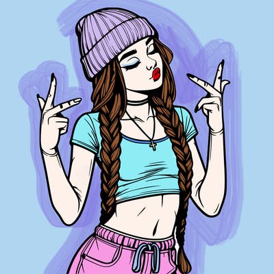 realistic teenage girl with braids and a beanie and crop top doing 🫶🏼