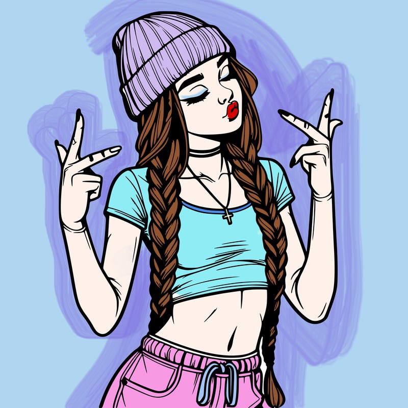 realistic teenage girl with braids and a beanie and crop top doing 🫶🏼