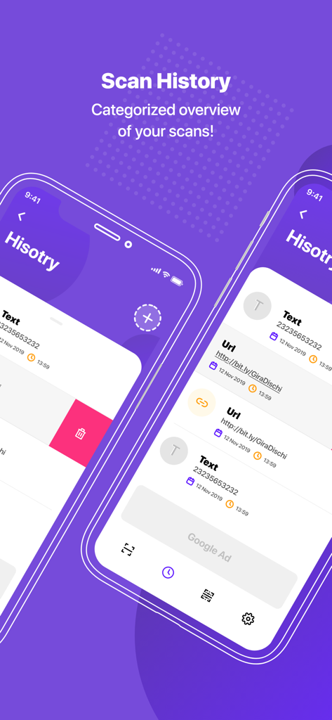 iPhone screen showing the Scan History feature of the QR Creator app with a list of saved text and URL scans