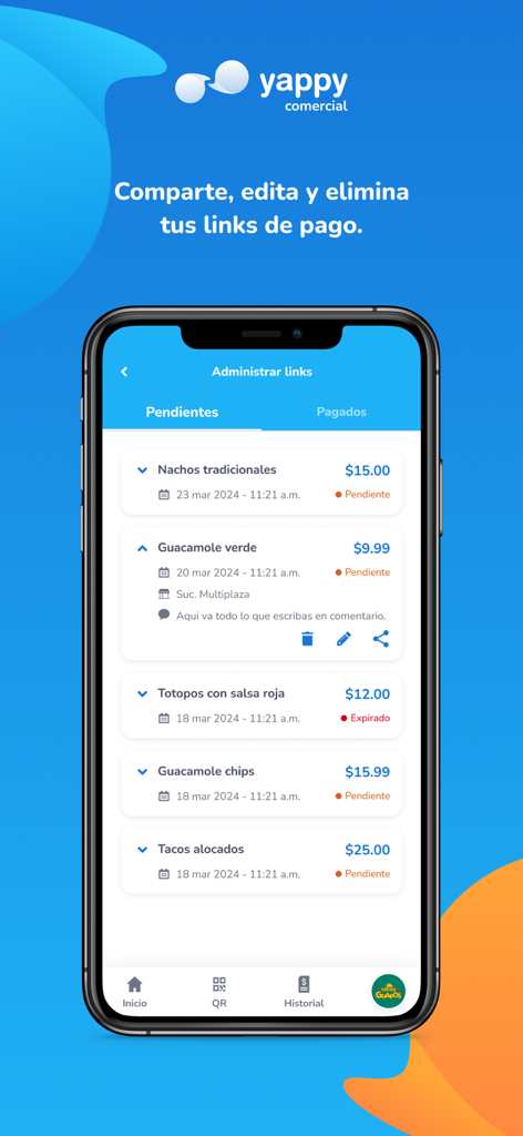 Yappy Comercial - Interface of the Yappy Comercial app showing a list of pending payment links for food orders.