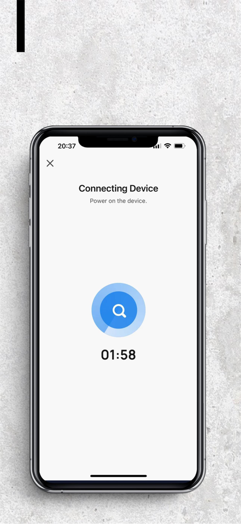 GW Security app screen showing the connecting device interface with a countdown timer and a search icon.