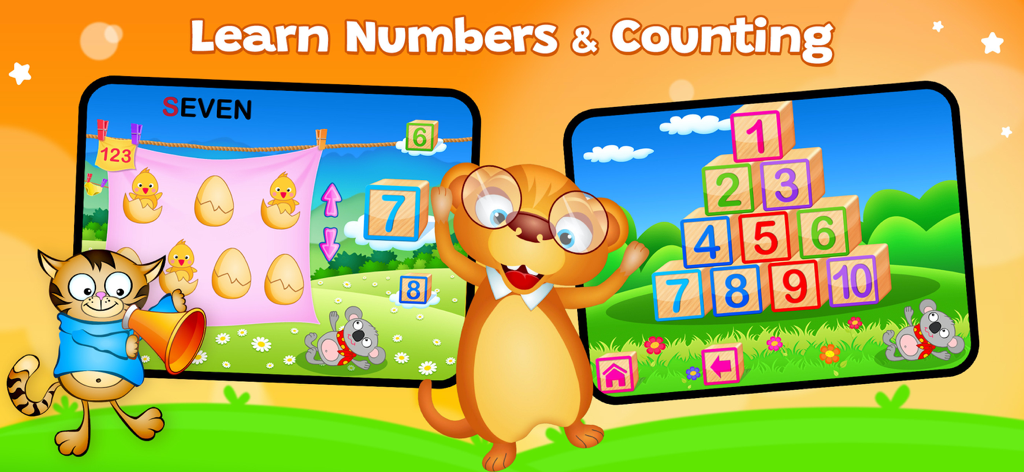 123 Fun GAMES Top Educational - Pantalla de aplicación educativa que muestra bloques de números interactivos y juegos de contar para niños