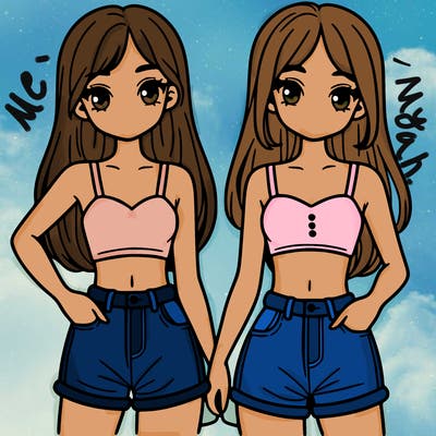 two sisters with crop tops and jean shorts and straight hair