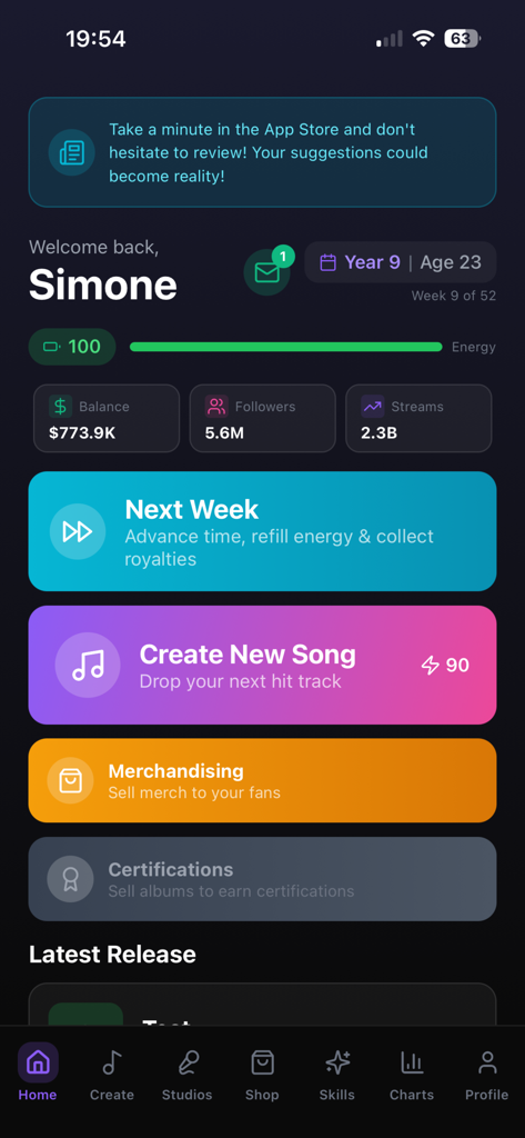 Musician Career Simulator - Home dashboard of Musician Career Simulator showing artist statistics and career options