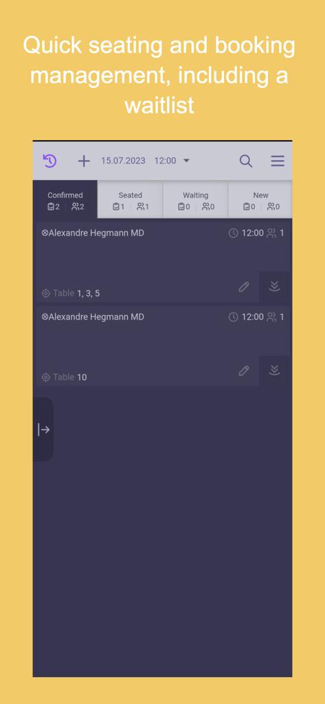 Mobile Benutzeroberfläche von Reservation Tools, die Sitzplatz- und Buchungsverwaltung mit Tabs für bestätigte, sitzende und wartende Gäste anzeigt.