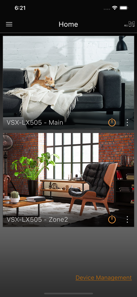 Pioneer Remote App - Pioneer Remote App home screen showing multi-room control for VSX-LX505 receiver with Main and Zone 2 options.