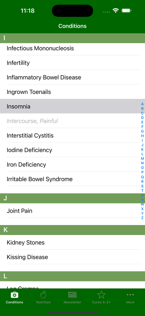 Cures A-Z - Alphabetical index of health conditions in the Cures A-Z mobile app including Insomnia and Joint Pain.