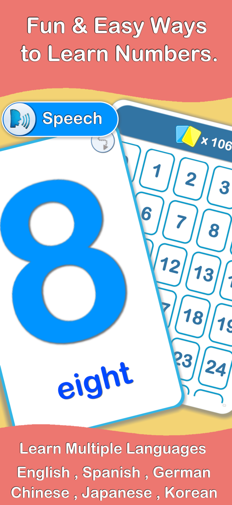 123 Numbers Flashcards - Tarjeta digital que muestra el número ocho en una aplicación de aprendizaje multilingüe para niños