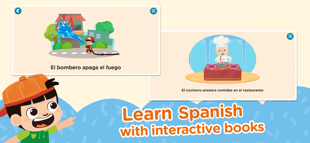 Spanish & English for Kids - Learn Spanish with interactive books showing illustrated professions like a firefighter and a chef.