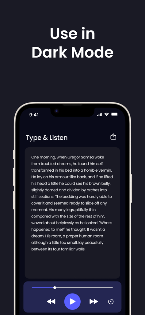 Tpeech: Read Text Aloud & TTS - Tpeech mobile app interface in dark mode showing a text to speech player with playback controls and a book excerpt