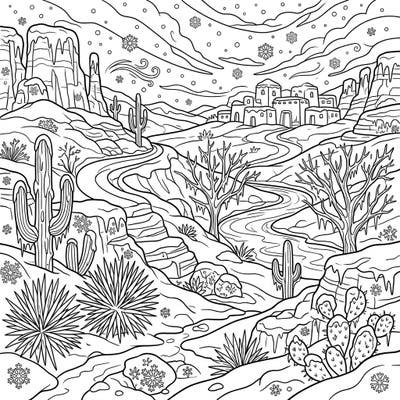 Unleash your creativity with this extraordinary coloring page, where the stark beauty of arid valleys meets the serene magic of winter. Explore a frost-dusted desert landscape, complete with snowy cacti, icy rock formations, and a charming adobe village, waiting for your vibrant touch.