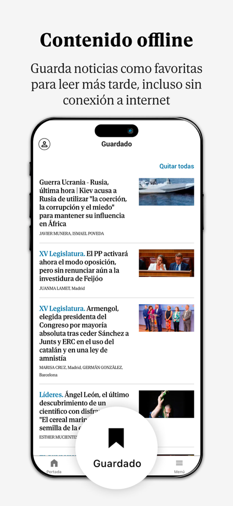 El Mundo - Diario online - El Mundo app interface showing saved news articles for offline reading