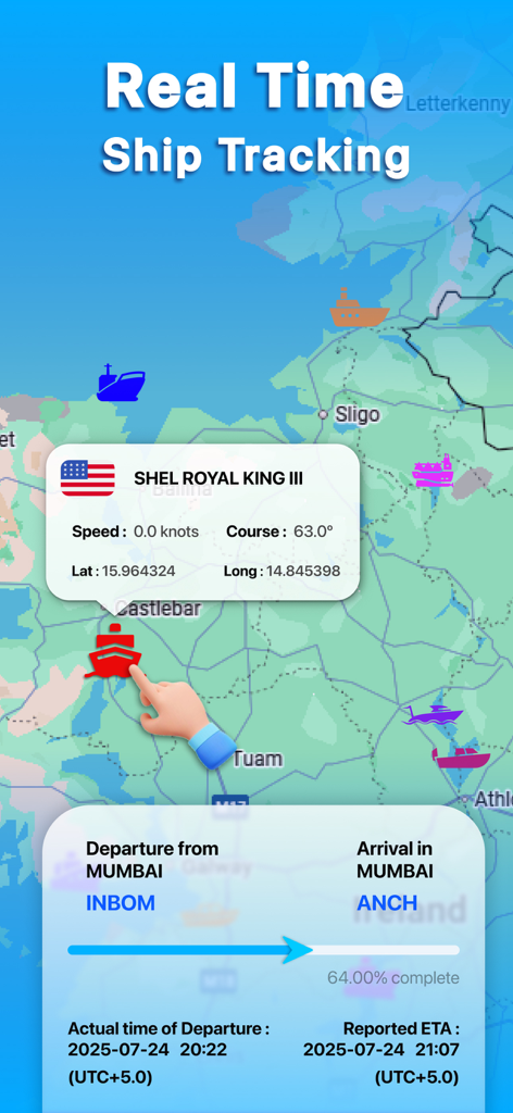 Ship Tracker - Marine Radar - Pantalla de la aplicación móvil mostrando rastreo de barcos en tiempo real en un mapa con detalles de la embarcación y progreso del viaje