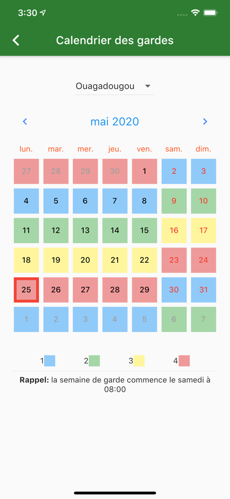 Pharmacy duty calendar for Ouagadougou in the Faso Sante app