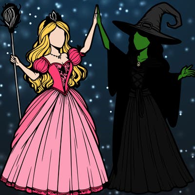 detailed realistic split of a princess and a witch