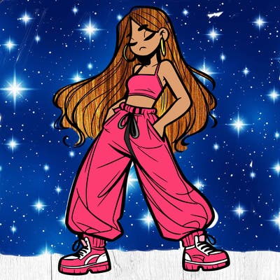 girl in baggy pants crop top and long hair