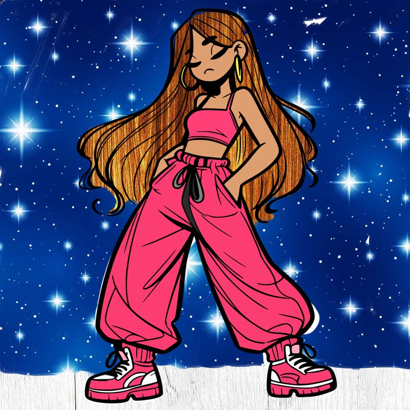 girl in baggy pants crop top and long hair