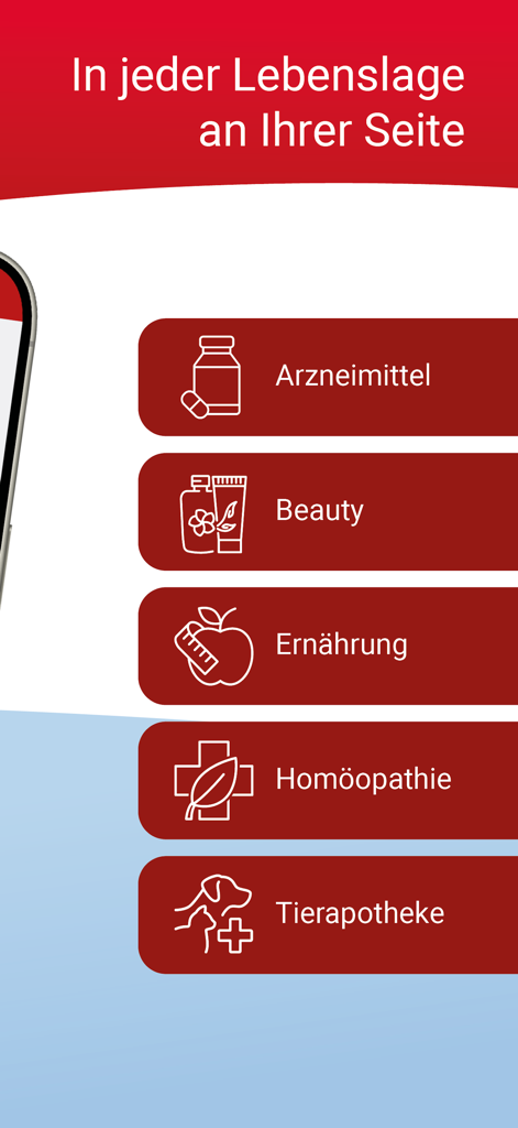 Mediherz App-Bildschirm mit Kategorien für Medizin, Schönheit, Ernährung, Homöopathie und Tierapotheke