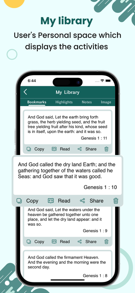 Mobile phone screen showing the My Library section of the Book of Enoch app with bookmarked Bible verses from Genesis