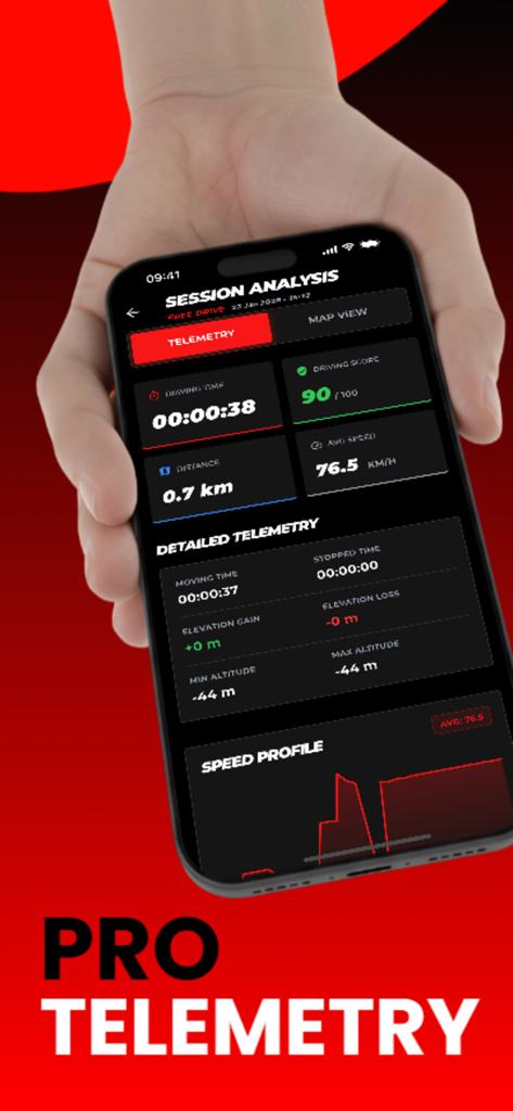 Tela de smartphone do aplicativo DriveGo exibindo análise de sessão com dados detalhados de telemetria e pontuação de condução