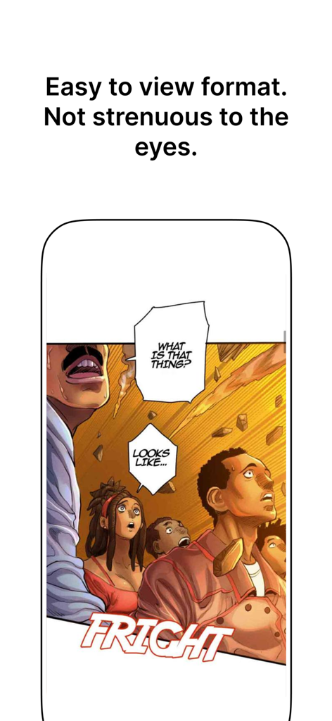 Zebra Comics - Capture d'écran de l'application Zebra Comics montrant un panneau de BD clair avec des personnages africains et un message sur son format facile à visualiser