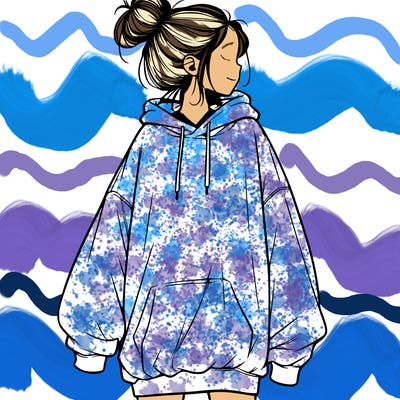 realistic girl with a oversized sweatshirt on and a bun