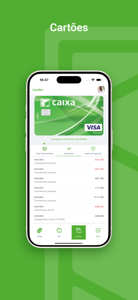 Interface da aplicação bancária Caixanet Mobile exibindo um cartão Visa digital e histórico de transações recentes.