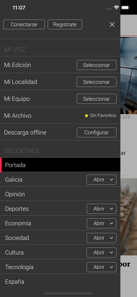 Navigation menu of the La Voz de Galicia app showing personalization options for location and news sections