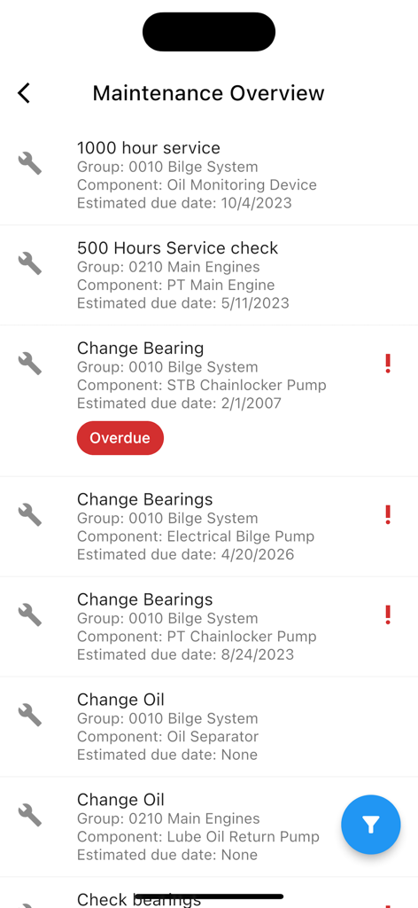 IDEA YACHT - Maintenance overview screen showing service tasks and overdue alerts for yacht equipment