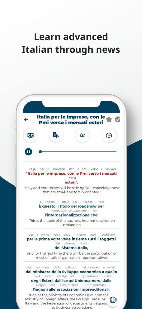 Smartphone screen of an Italian learning app featuring a news article with audio controls and translations